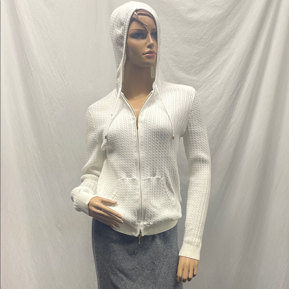 Lauren Ralph Lauren White Hooded Zip-Up Cardigan Sweater